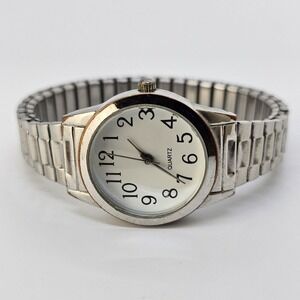 Easy Read Women's Watch 28MM White Dial Gray Tone Stretch Band 5.75" New Battery